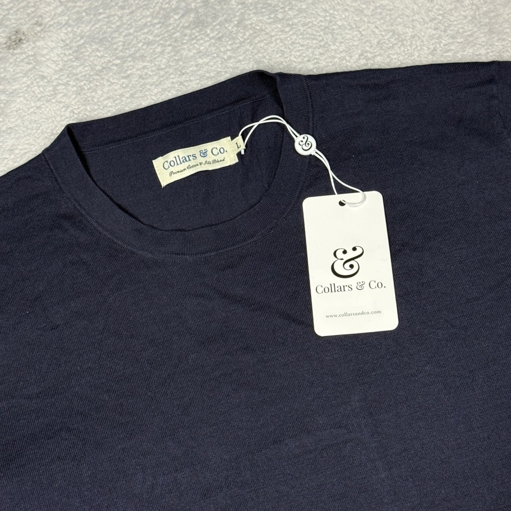 Collars & Co. Silk Blend Sweater Mens Large Navy Blue Short Sleeve Crewneck Knit